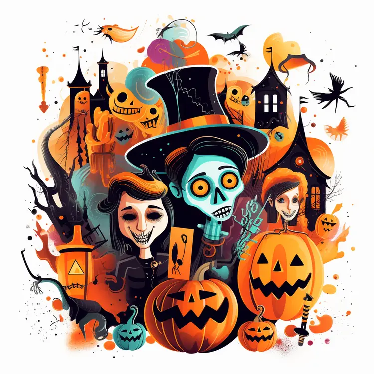 Colorful Halloween Characters with Pumpkins and Haunted House