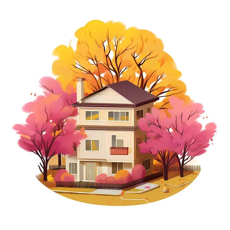 Small cute doodle house with autumn trees