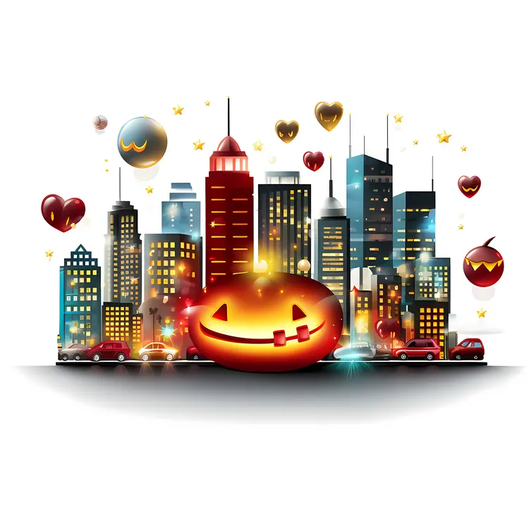 Cityscape with Halloween Pumpkin and Decorations