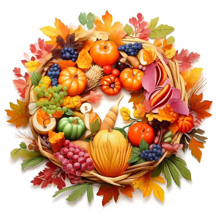 Colorful Autumn Wreath with Pumpkins and Leaves