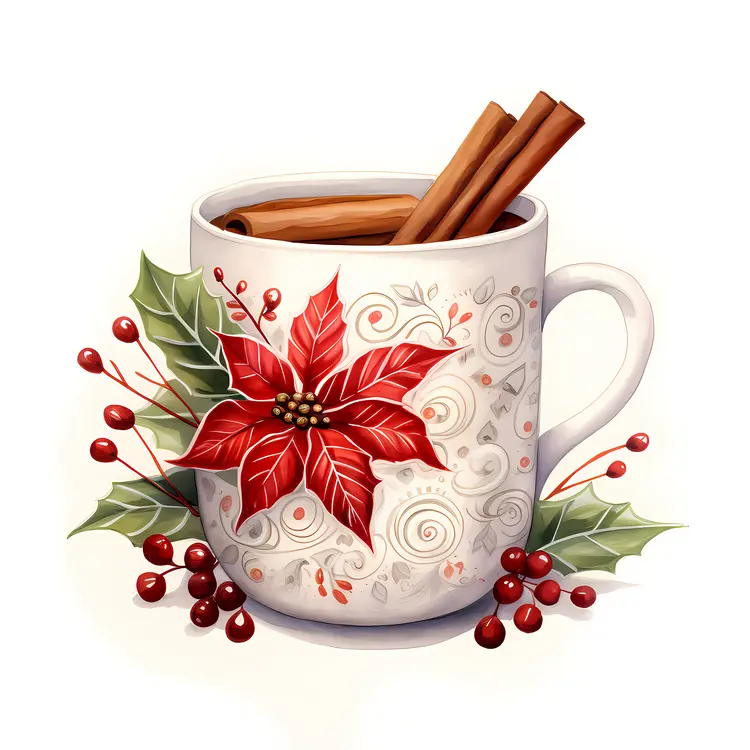 White Cup with Poinsettia and Holly Leaves