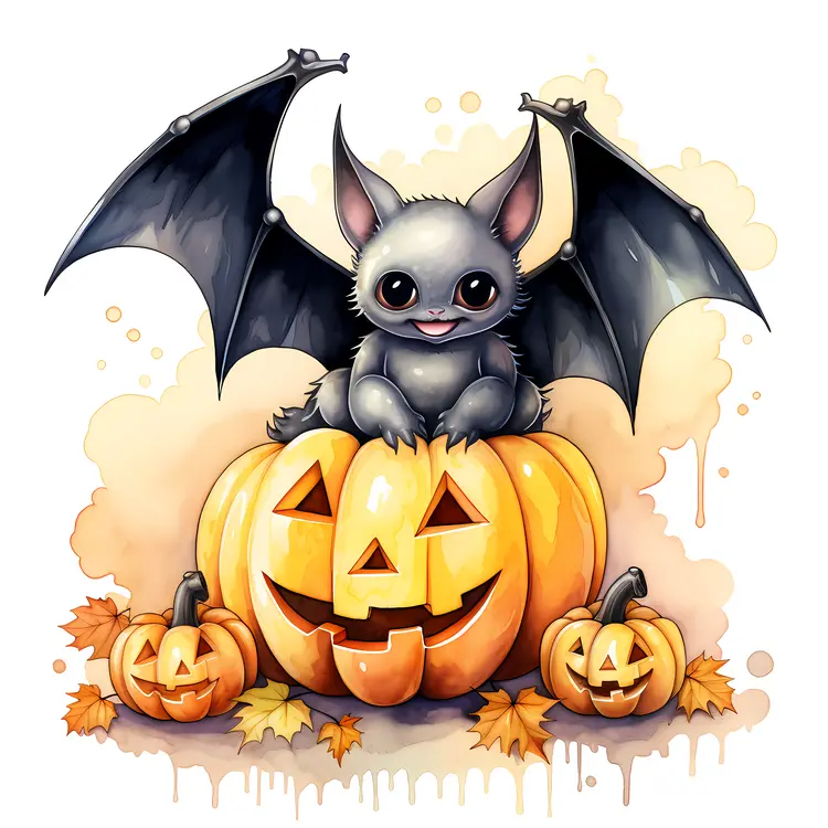 Happy Bat on Pumpkin with Halloween Theme