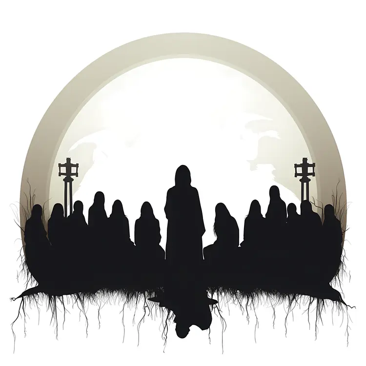 Silhouettes with Crosses in Spooky Scene