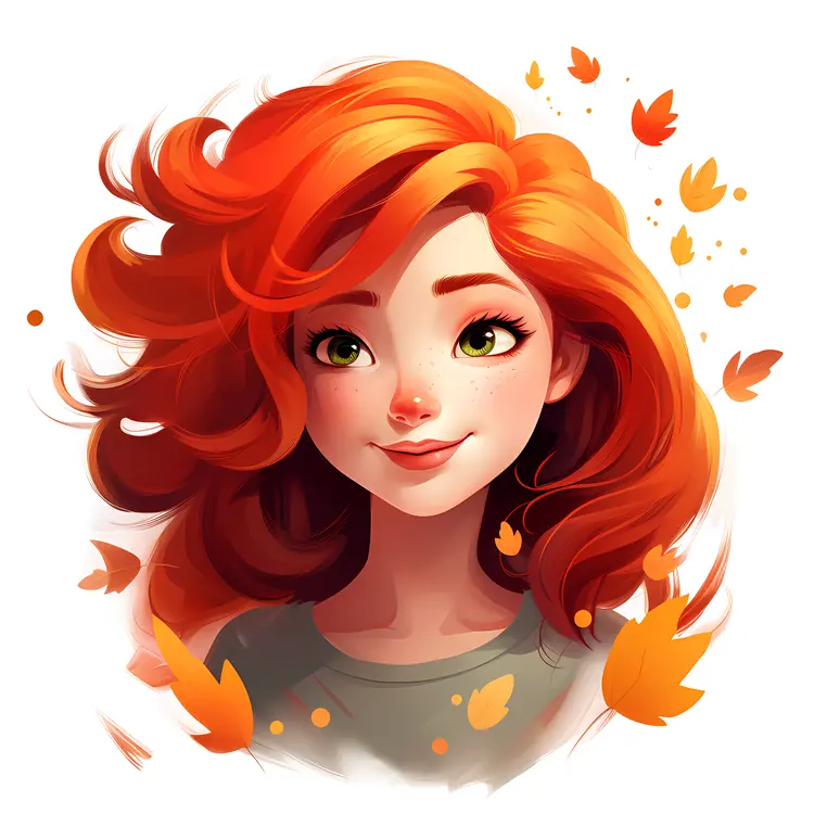 Smiling Red-haired Girl with Autumn Leaves