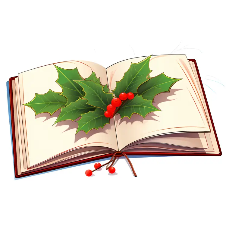 Holly Leaves and Berries in an Open Book