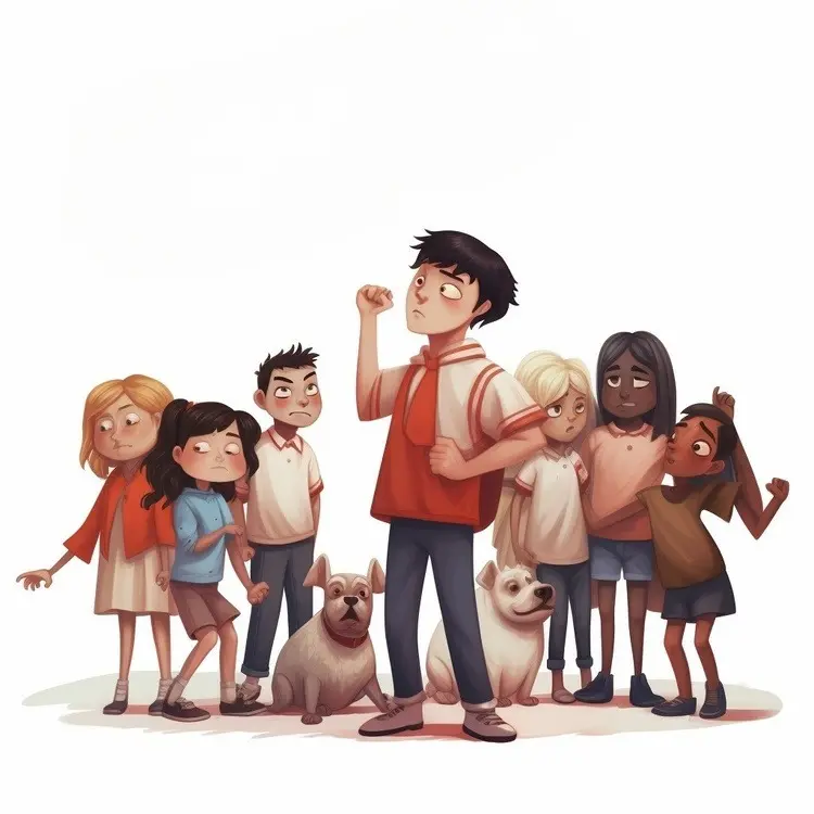 Boy Flexing with Group of Friends and Dogs