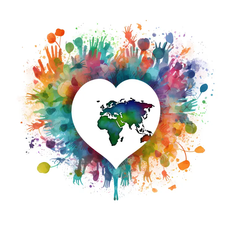 Heart with World Map and Colorful Hands