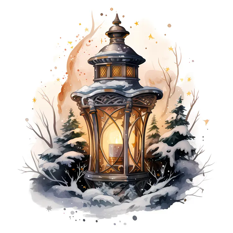 Bronze Lantern in Snowy Landscape