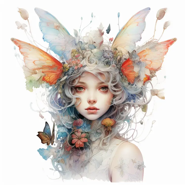 Ethereal Fairy with Butterfly Wings and Flowers