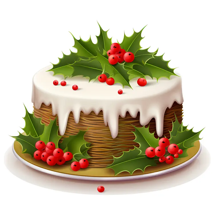 White Cake with Holly Leaves and Red Berries