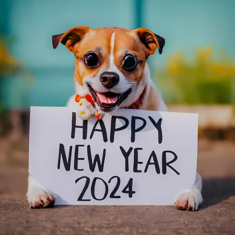 Dog Holding 'Happy New Year 2024' Sign