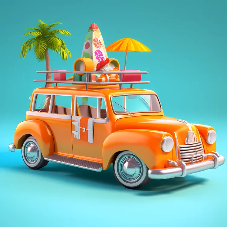 Orange Car with Surfboard and Palm Tree for Summer Vacation