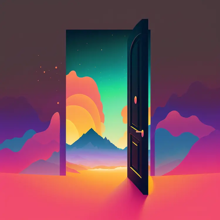 Open Door to a Colorful Sunset Landscape