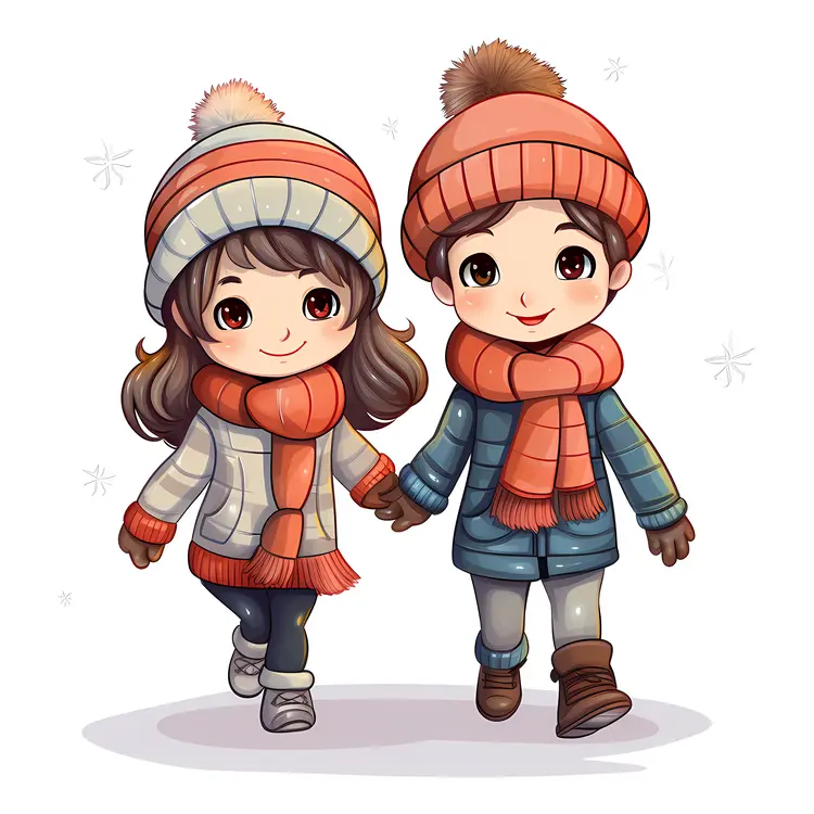 Two children in winter clothes holding hands