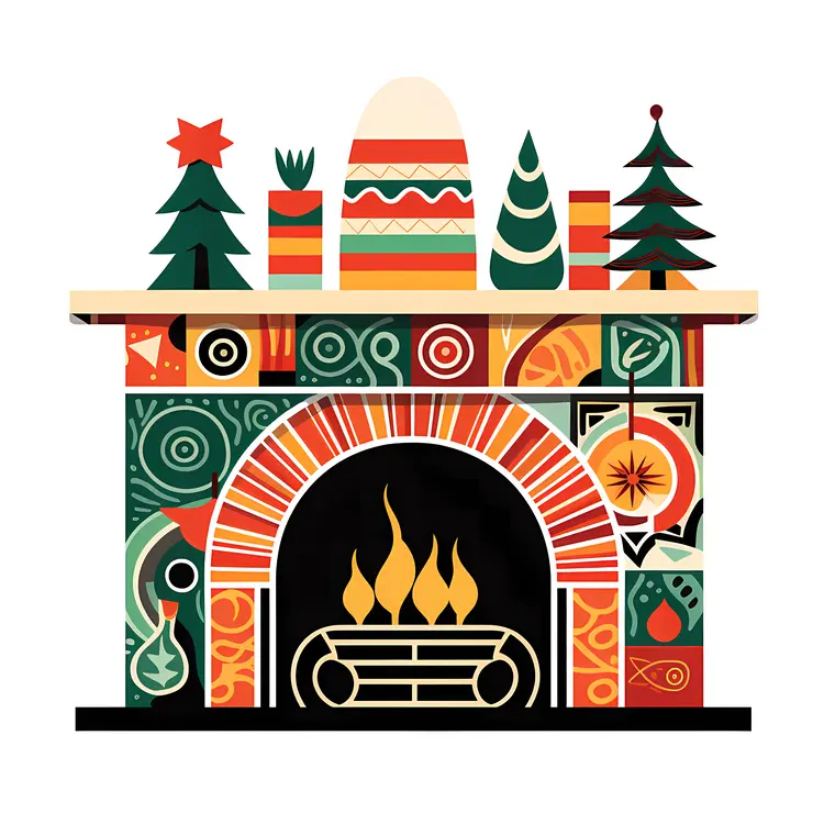 Colorful Patterned Fireplace with Holiday Decorations