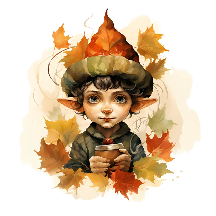 Elf with Acorn and Autumn Leaves