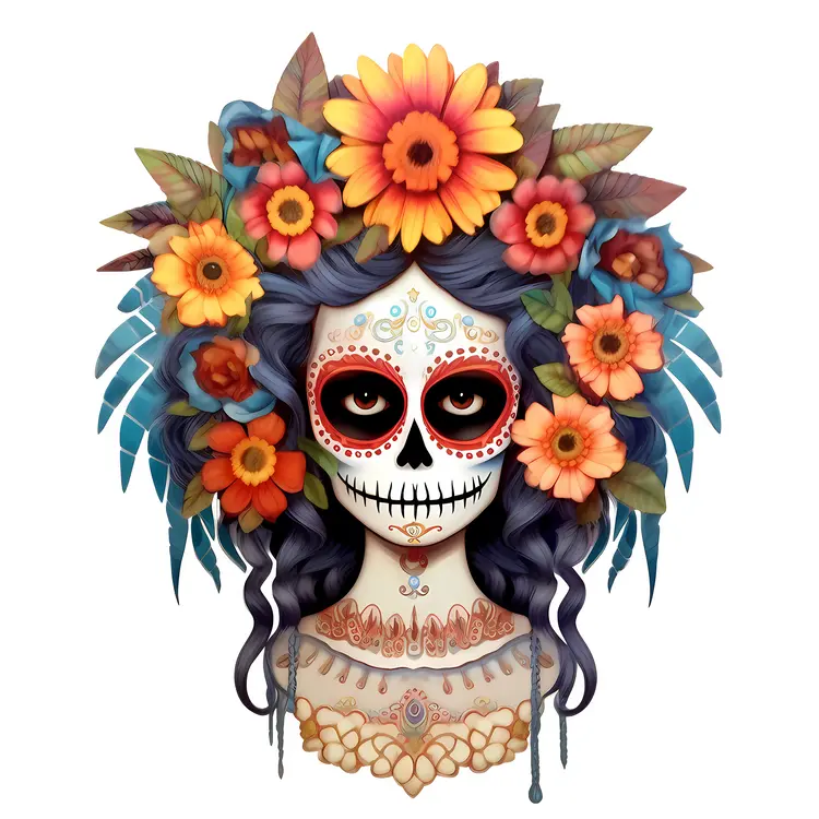 Colorful Sugar Skull with Flowers for Day of the Dead Celebration