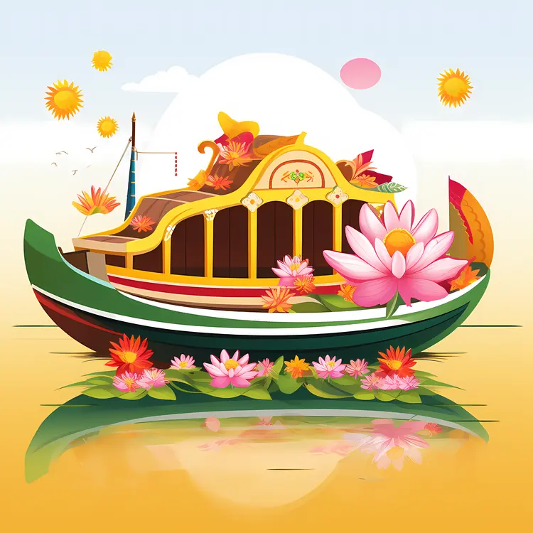 Flower-Adorned Boat on a Sunny River