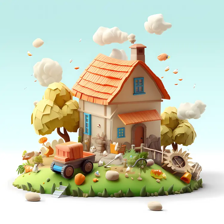 Small Cute Doodle House with Trees and Truck