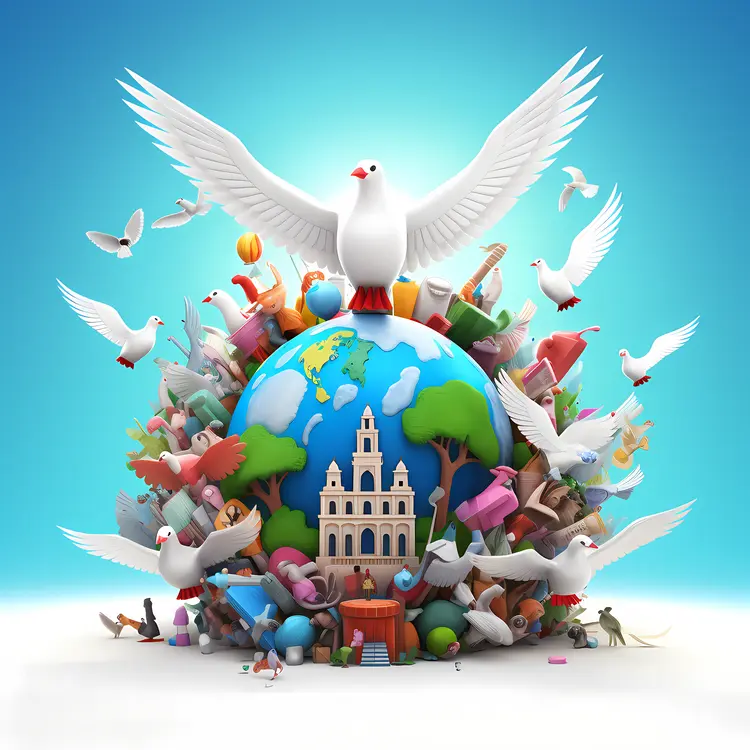 White Doves with Globe and Buildings