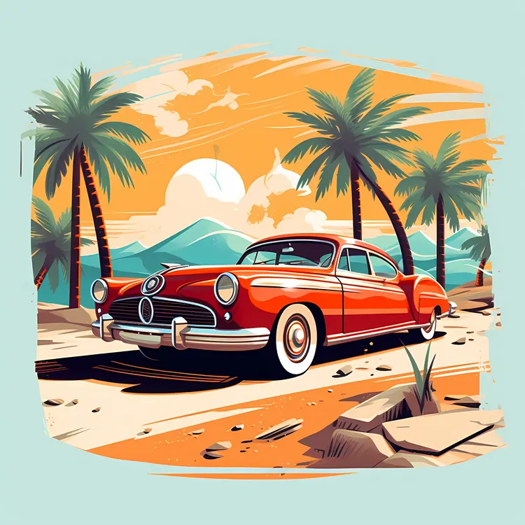 Vintage Red Car on a Desert Road with Palm Trees