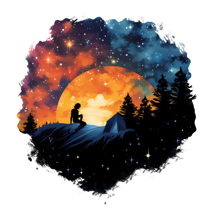 Silhouette of a Person Camping Under a Starry Sky