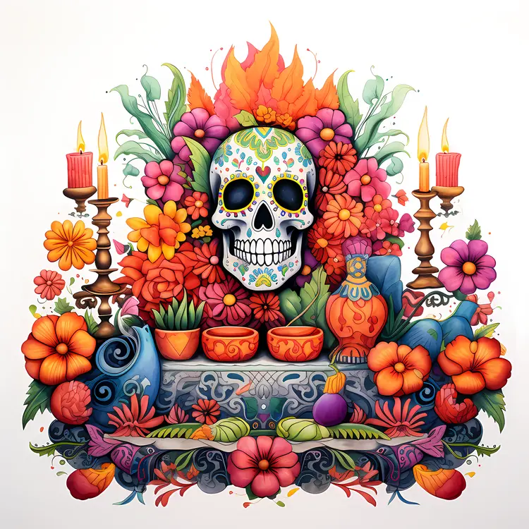 Colorful Decorated Skull with Flowers and Candles for Day of the Dead