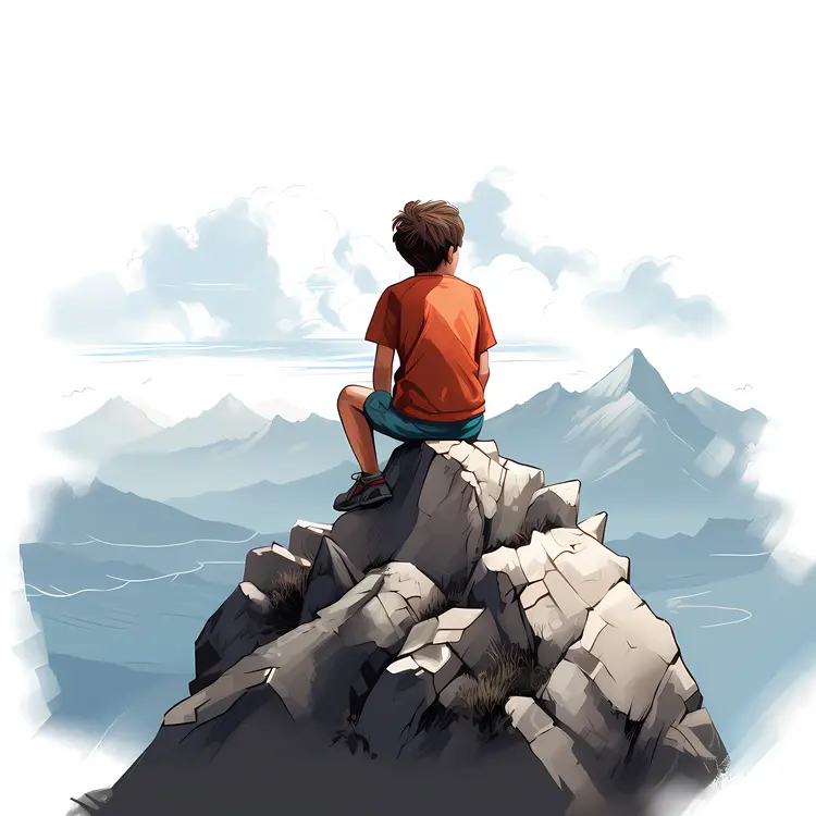 Boy Sitting on Mountain Peak
