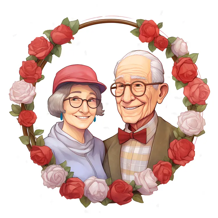 Elderly Couple Portrait with Floral Wreath for Grandparents Day