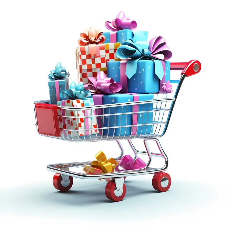 Shopping Cart Filled with Colorful Gifts