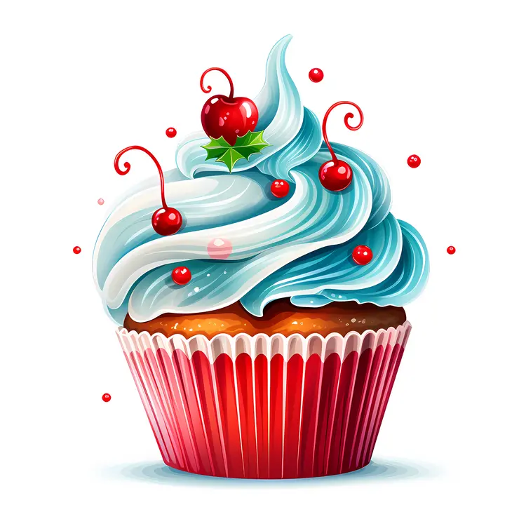 Christmas Cupcake with Blue Frosting and Red Berries