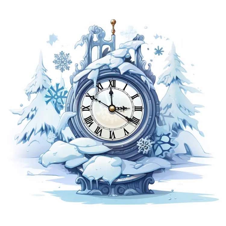 Snowy Antique Clock in Winter Wonderland