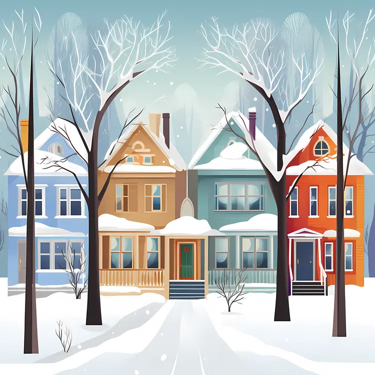 Snowy Winter Houses in Neighborhood