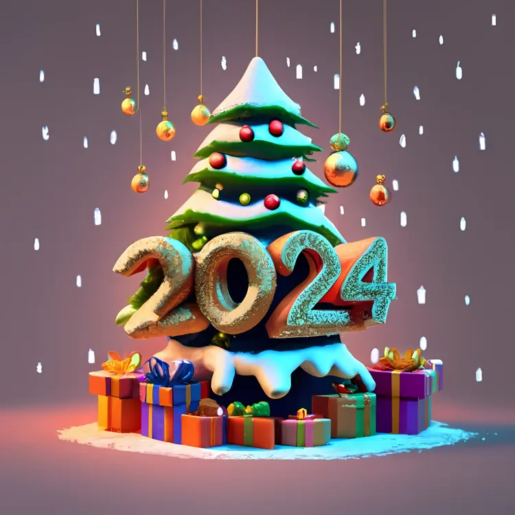 Snowy Christmas Tree with 2024 and Gifts