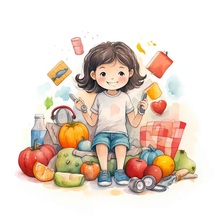 Happy Girl with Fruits and Picnic Items