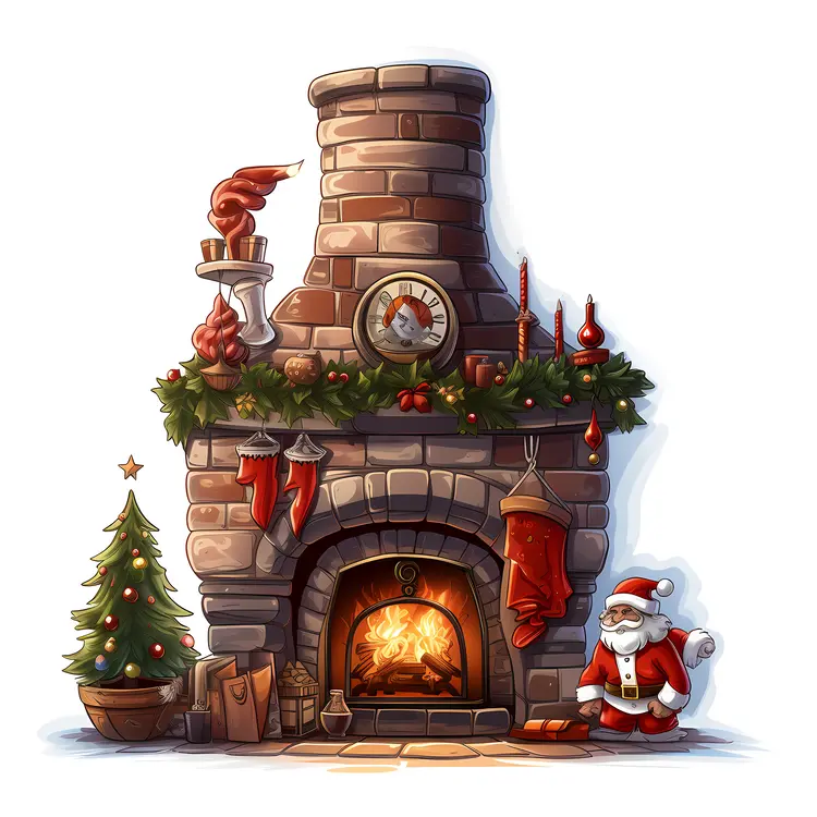 Christmas Fireplace with Santa Claus and Tree