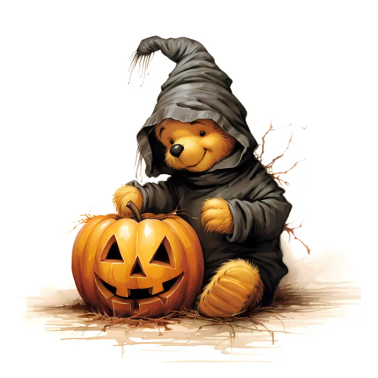 Cute Bear in Witch Costume with Pumpkin for Halloween