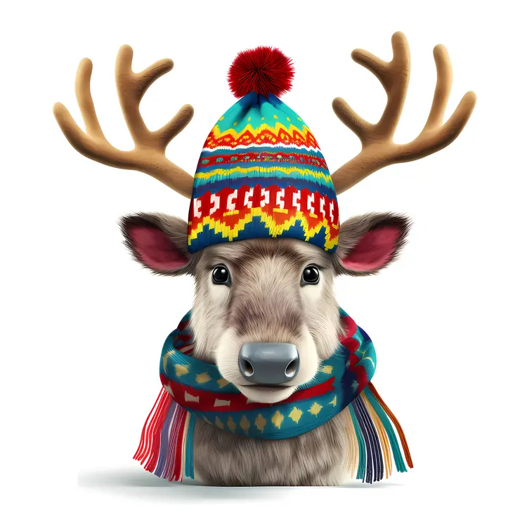 Reindeer with Colorful Hat and Scarf
