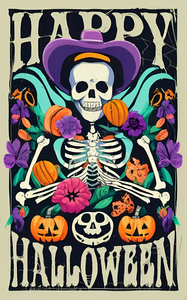 Skeleton with Pumpkins and Flowers