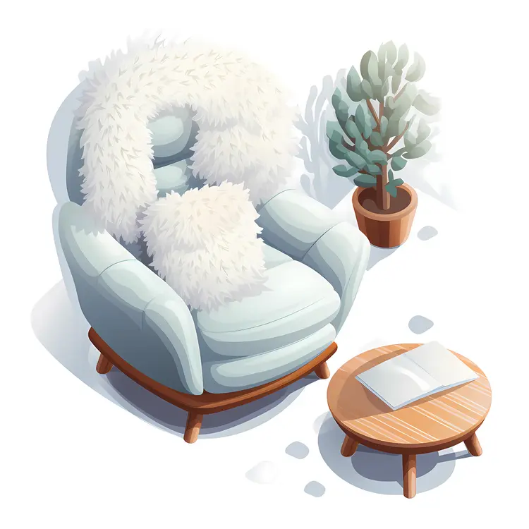 Light Blue Armchair with Plant and Table