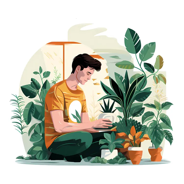 Man Tending to Plants Illustration