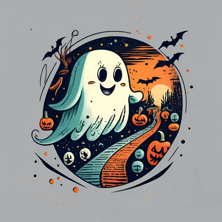Cute Ghost with Pumpkins and Bats on Halloween Night