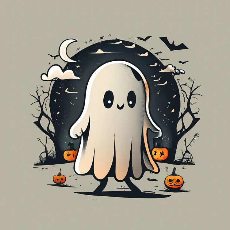 Cute Ghost with Pumpkins and Night Background