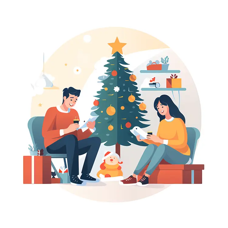 Couple Enjoying Christmas Gifts by Tree
