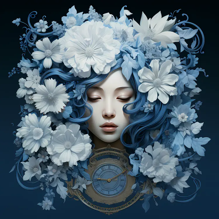Elegant Woman with Blue Flowers and Clock