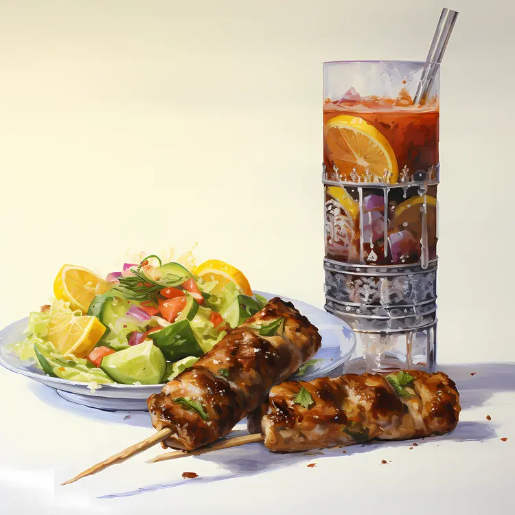 Delicious Meal with Salad, Skewers, and Juice