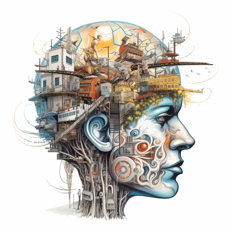 Mechanical Head Illustration with Buildings