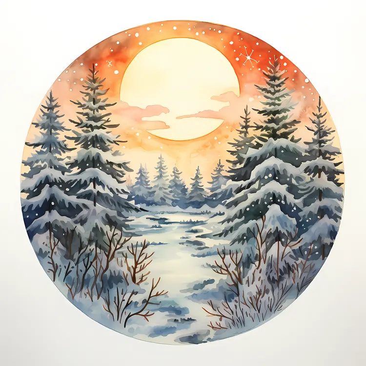 Snowy Forest at Sunset