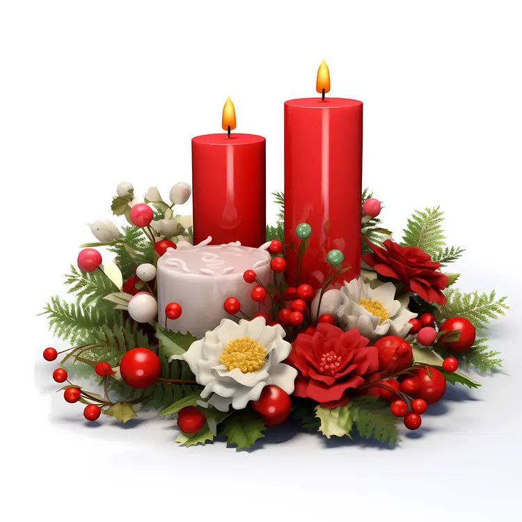 Red and White Candles with Flowers and Green Leaves for Christmas Decoration