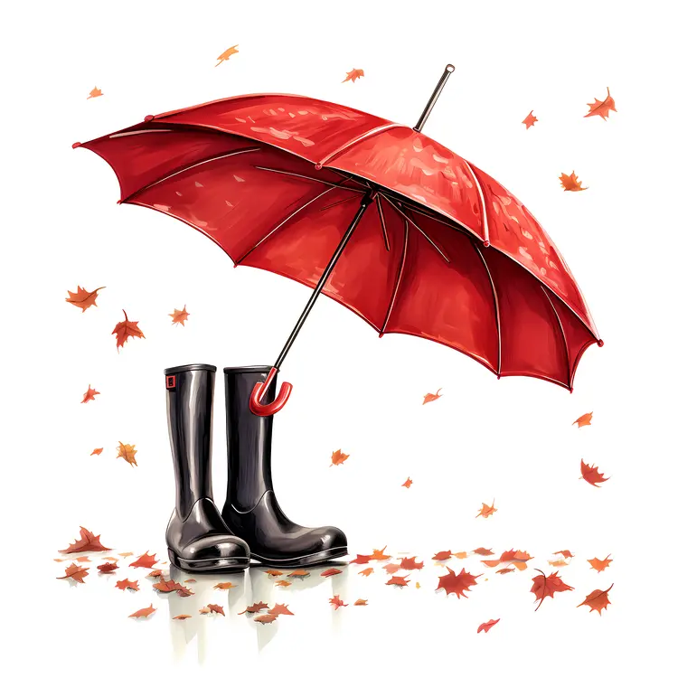 Black Boots and Umbrella with Autumn Leaves